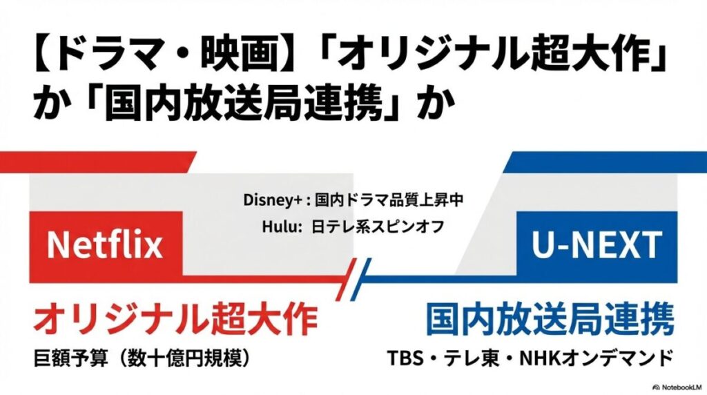 ドラマ・映画配信の選び方。Netflixの巨額予算オリジナル超大作と、U-NEXTの国内放送局（TBS・テレ東・NHK）連携の比較。