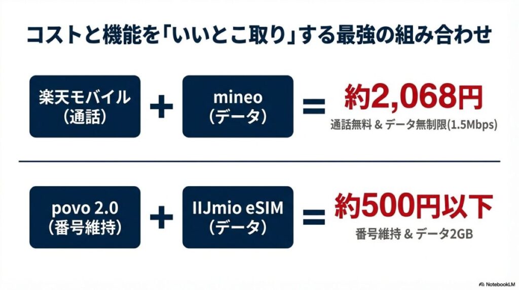 楽天モバイル×mineoやpovo×IIJmioによる具体的なデュアルSIM構成案と月額料金。