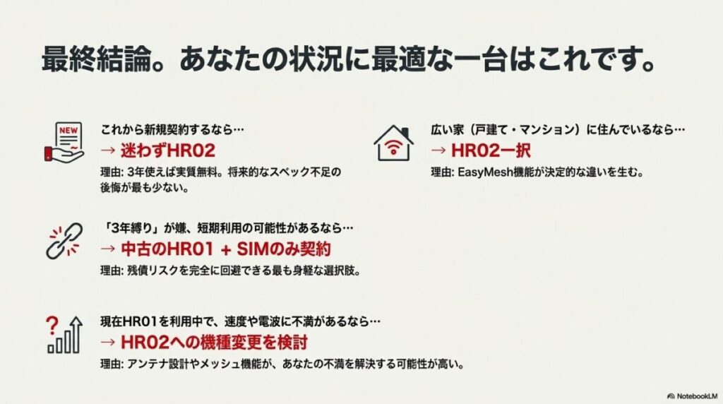 新規契約、広い家、短期利用、不満解消など、ユーザーの状況に合わせた最適なモデルの最終結論リスト。