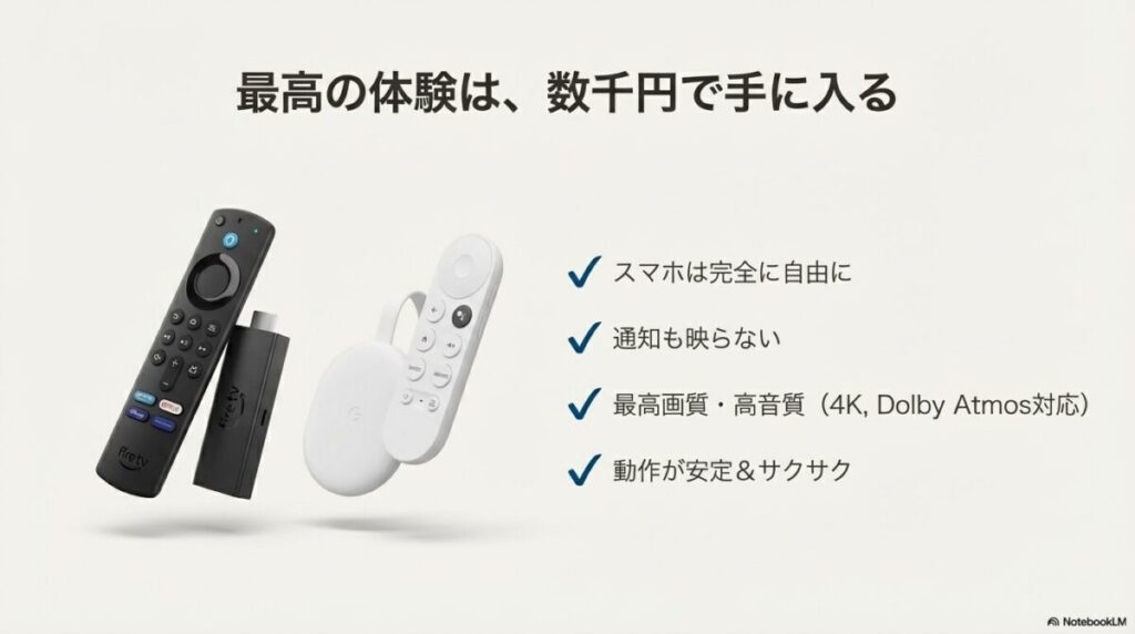 Fire TV Stickの画像とともに、スマホが自由になる、通知が映らない、4K・高音質対応、動作が安定といったメリットを列挙したスライド。