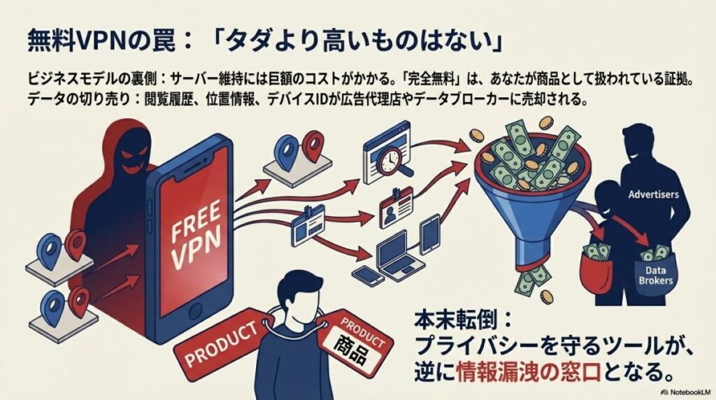 無料VPNがユーザーの閲覧履歴や位置情報を広告代理店やデータブローカーに売却し、ユーザー自身が「商品」となっている構図を示すイラスト。
