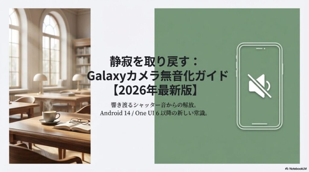 2026年最新版のGalaxyカメラ無音化ガイドの表紙。落ち着いたカフェのイメージ。