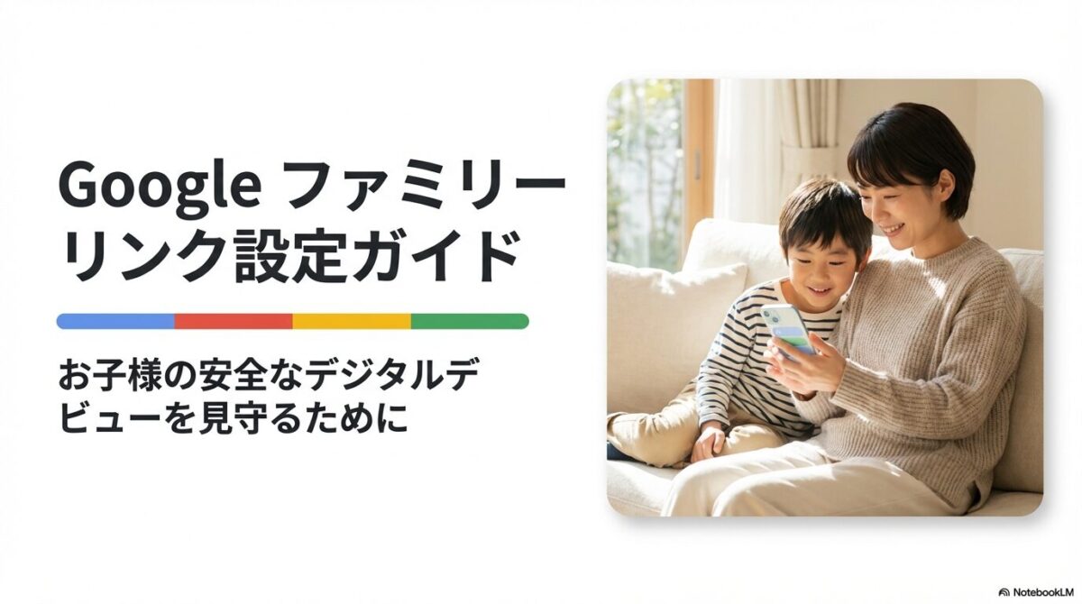 スマートフォンを一緒に見つめる親子と、Googleファミリーリンク設定ガイドのタイトルスライド