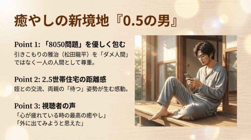 松田龍平主演『0.5の男』の解説スライド。8050問題や2.5世帯住宅の距離感、視聴者の癒やしの声を紹介。