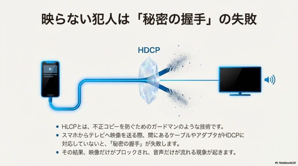HDCPをガードマンに例え、スマホからテレビへの映像伝送時にケーブルやアダプタが未対応だと「秘密の握手」が失敗し、映像がブロックされる仕組みを説明する図解。