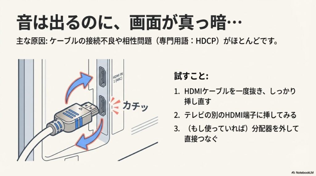 HDMIケーブルをしっかり挿し直し、別の端子を試す様子を示す図解