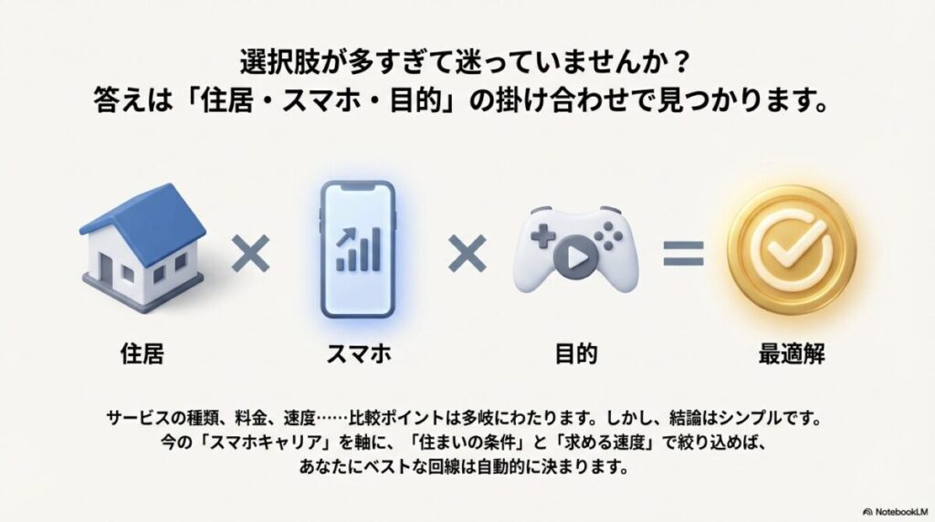住居×スマホ＋目的＝最適解。スマホキャリアを軸に、住まいの条件と求める速度で絞り込む重要性を説明する図解。