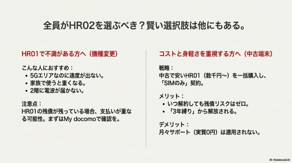 HR01で不満がある人の機種変更、またはコスト重視の人のための「中古HR01＋SIMのみ契約」という戦略を提示。