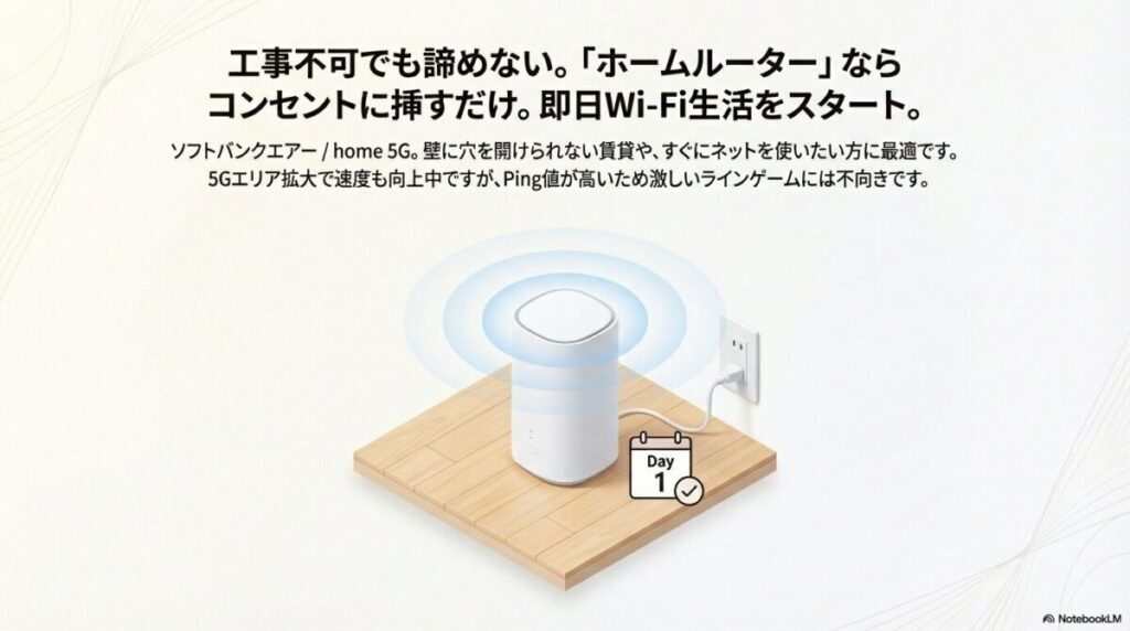 コンセントに挿すだけで即日Wi-Fiが使えるソフトバンクエアーやhome 5G。工事不可物件や即日利用希望者に最適。