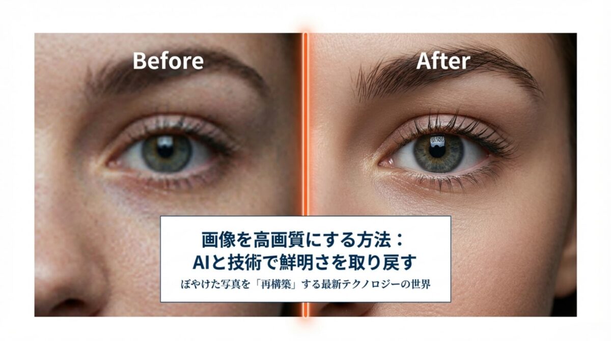 AIと最新テクノロジーでぼやけた写真を再構築し、鮮明さを取り戻す方法を紹介するタイトルスライド 。