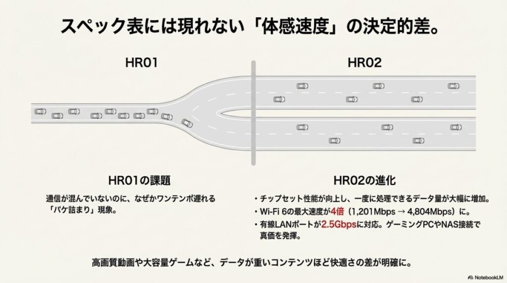 道路の車線数に例えてHR01とHR02の処理能力の差を解説。Wi-Fi 6の速度向上や2.5Gbps有線LANポートへの対応も記載。
