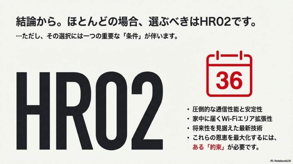 HR02のメリットとしてエリア拡張性と最新技術を挙げつつ、36ヶ月という利用期間が条件であることを示すスライド。