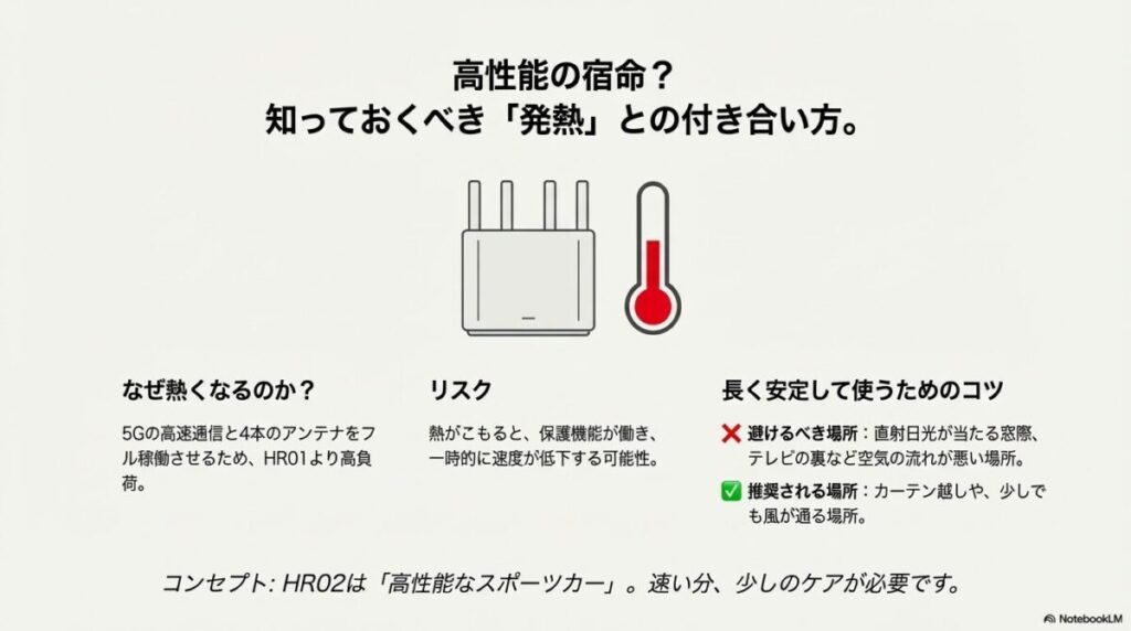 高性能ゆえに発熱しやすいHR02の特性と、避けるべき設置場所、推奨される設置場所（風通しの良い場所など）の解説。