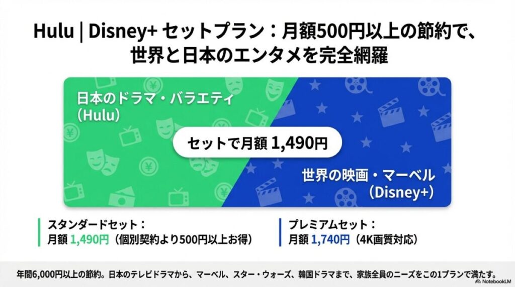 Huluとディズニープラスのセットプラン。スタンダード1,490円、プレミアム1,740円。個別契約より月額500円お得。