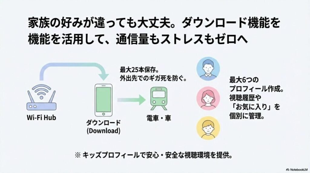 最大25本の作品保存と、家族で使い分けられる最大6つのプロフィール管理機能。