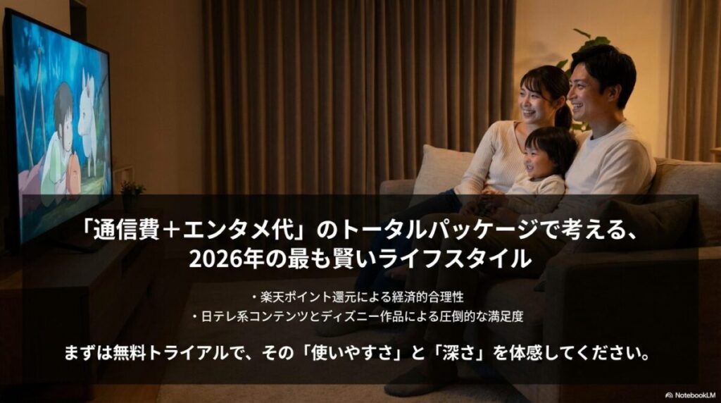 楽天ポイント還元と日テレ・ディズニー作品による満足度。まずは無料トライアルで体感。