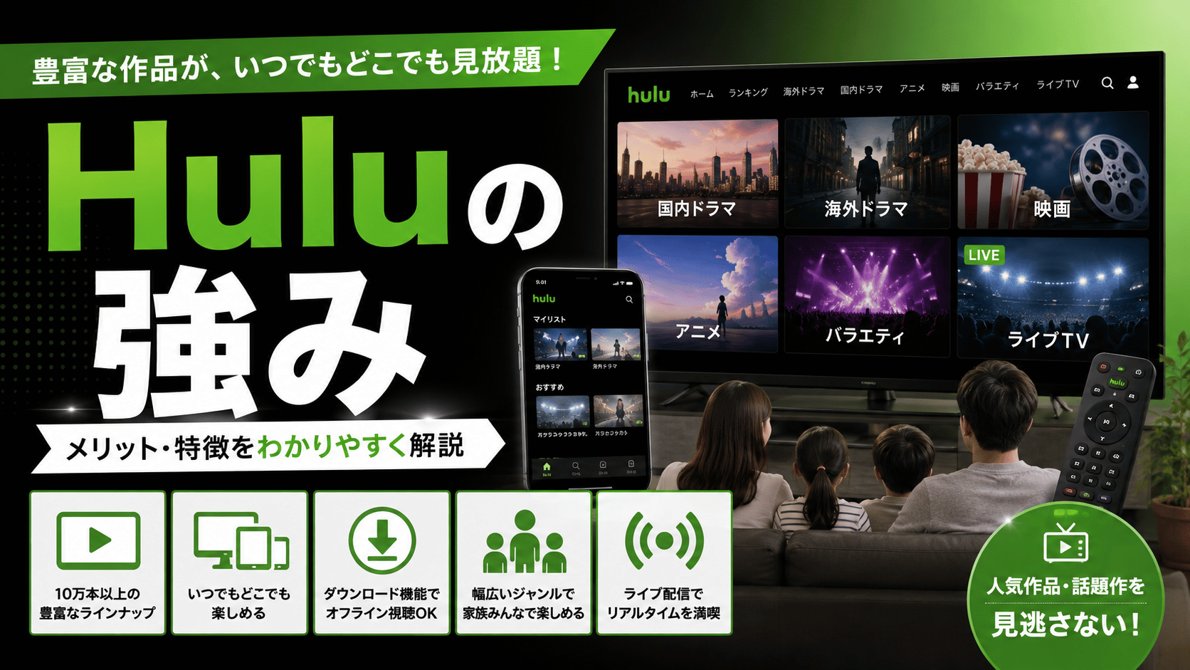 Huluの強みやメリットを、国内ドラマ・海外ドラマ・映画・アニメ・ライブ配信などの特徴とともに紹介するアイキャッチ画像
