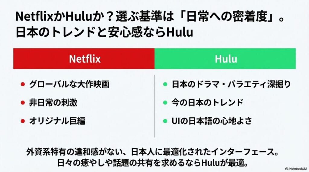 Netflixは大作志向、Huluは日本のドラマ・バラエティ深掘りと日本人に最適化されたUIが強み。