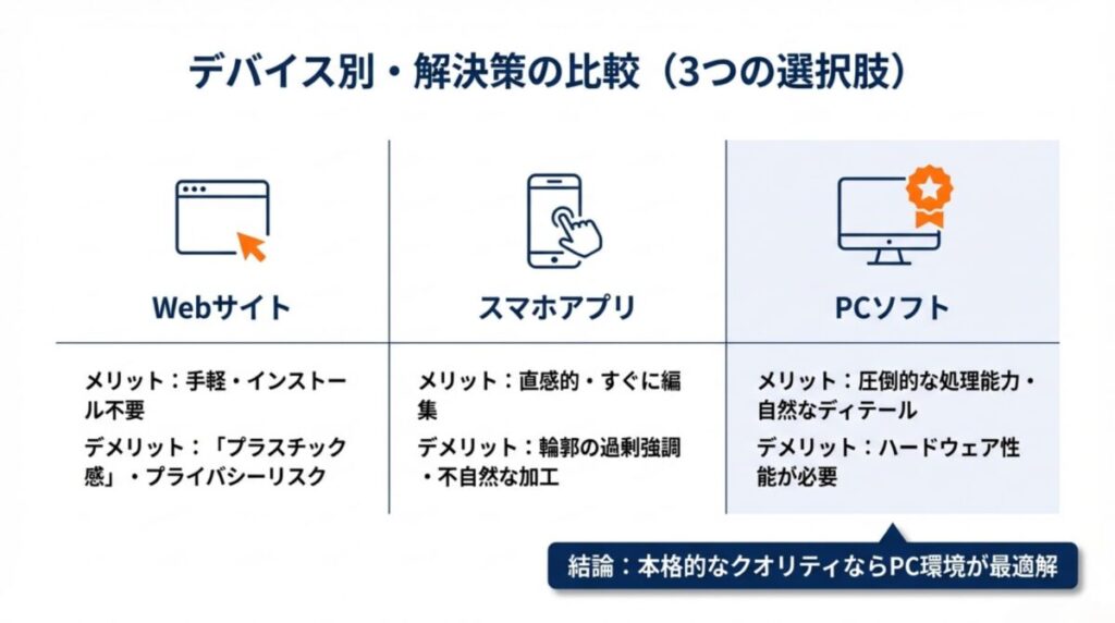 手軽なWebサイト、直感的なスマホアプリ、高性能なPCソフトのメリットとデメリットをまとめた比較表 。