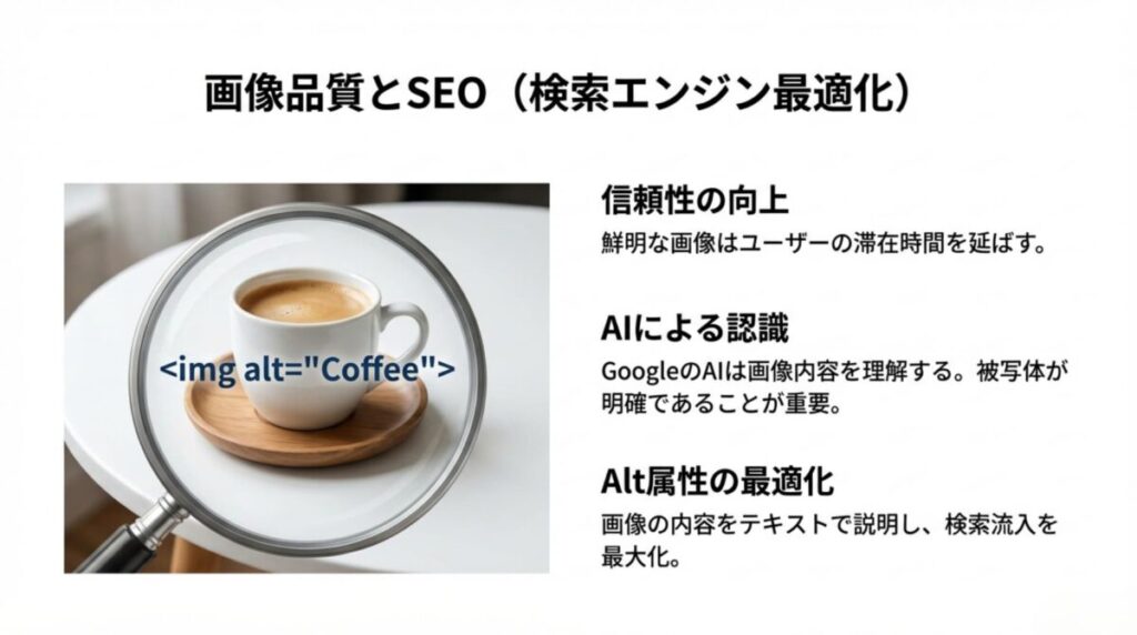 信頼性の向上、AIによる内容認識、Alt属性の最適化など、画像品質とSEOの相関関係