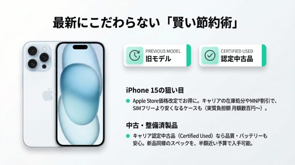iPhone 15の価格改定やキャリア認定中古品(Certified Used)のメリットをまとめたスライド