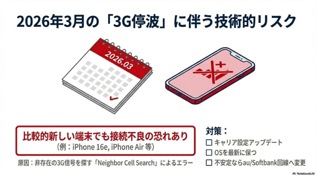 3G信号探索による接続不良リスクと、キャリア設定アップデート等の対策。