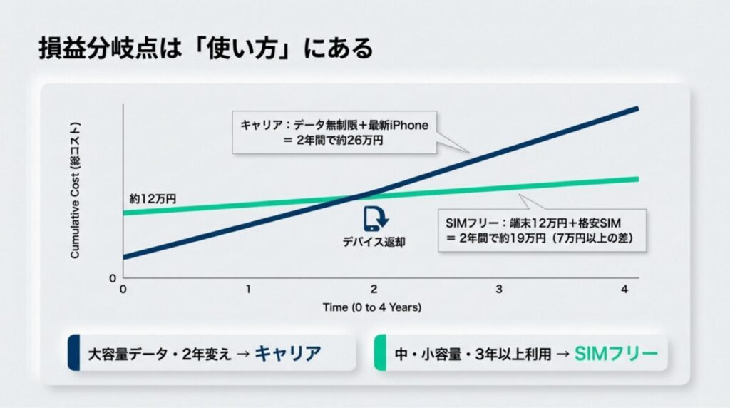 キャリアの大容量プランとSIMフリー+格安SIMの2年間の累積コストを比較した折れ線グラフ
