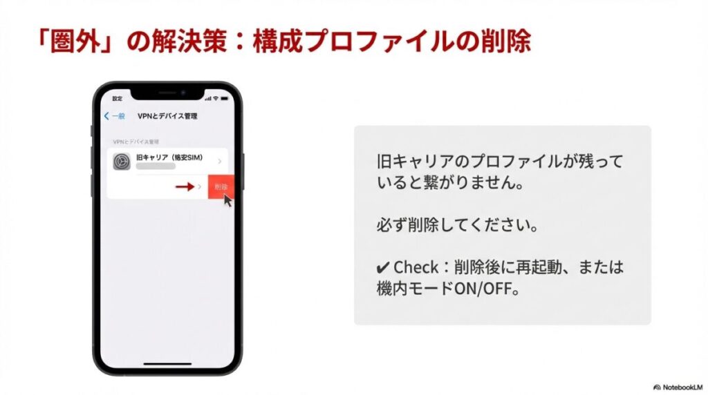 iPhoneの設定画面から旧キャリアの構成プロファイルを削除する手順を示すスクリーンショット。
