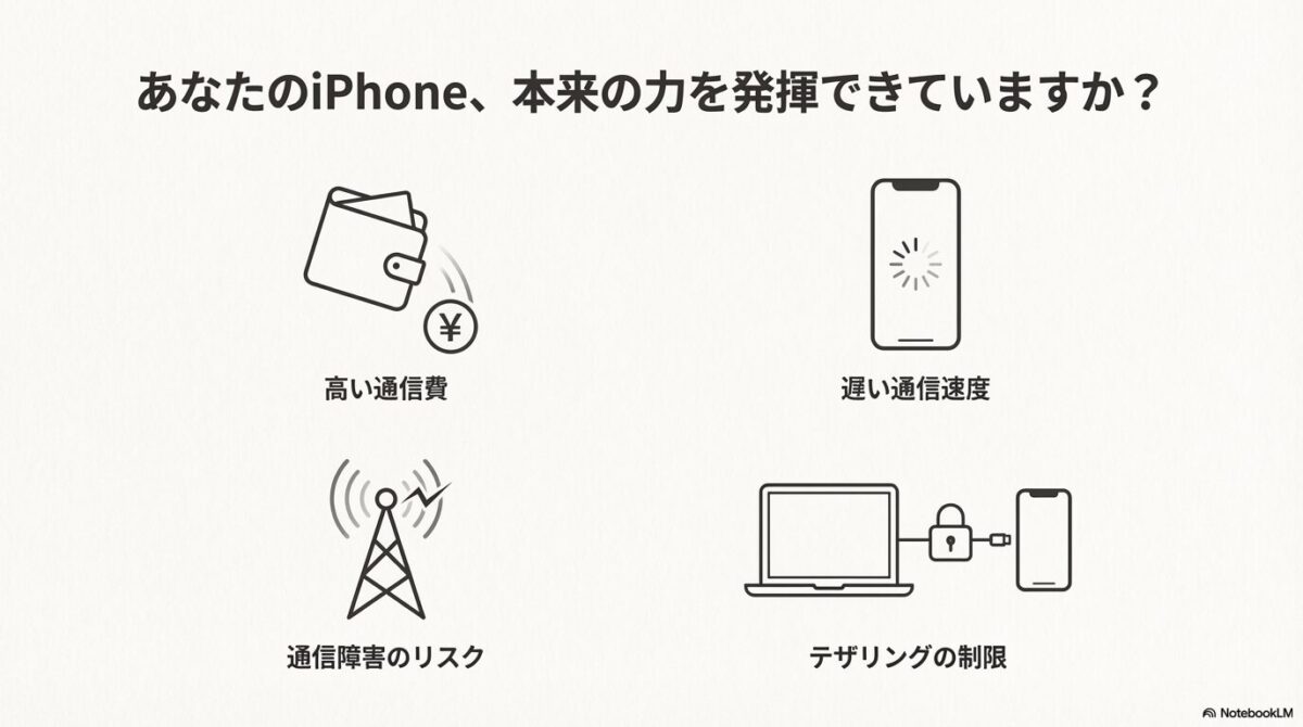 iPhoneの通信費、通信速度、通信障害リスク、テザリング制限という4つの課題と、それらを解決するデュアルSIM（物理SIMとeSIMの組み合わせ）のイメージ。