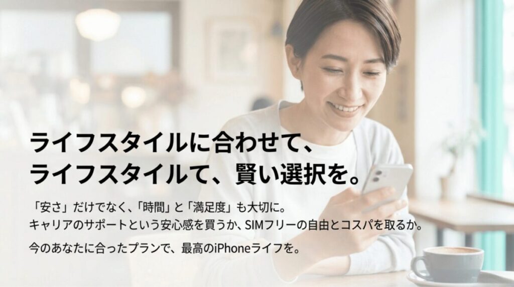 「安さ」だけでなく「時間」と「満足度」を大切にしたスマホ選びを促すメッセージ