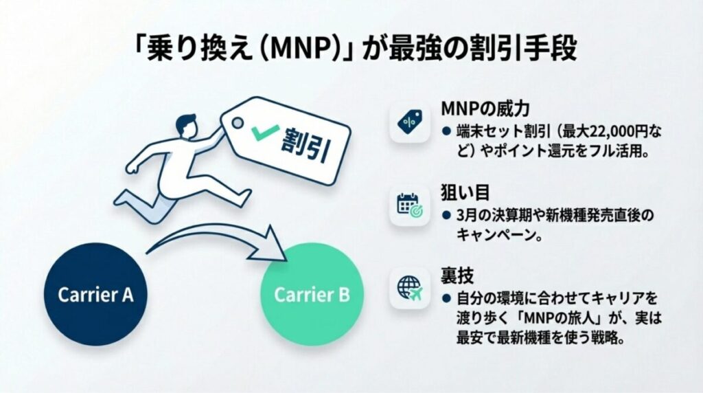 キャリア間を乗り換えることで端末割引やポイント還元を最大化するMNP戦略のイメージ図