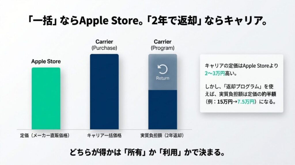 キャリアの返却プログラムによる実質負担額の軽減と、Apple Storeの一括購入の比較図解