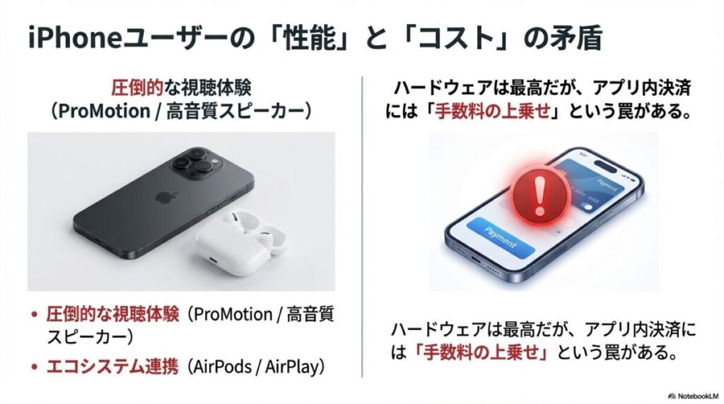 iPhoneのProMotionやエコシステムの利点と、アプリ内決済の手数料に関する注意点を示すスライド