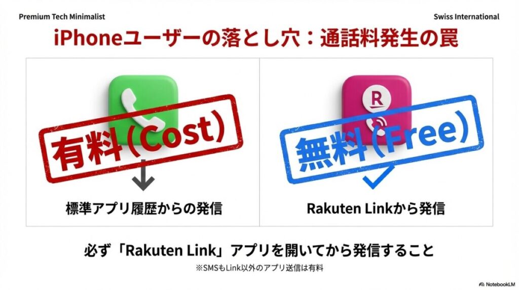 iPhoneの標準電話アプリからの発信は有料（Cost）になり、Rakuten Linkからの発信のみが無料（Free）になることを示す比較図。