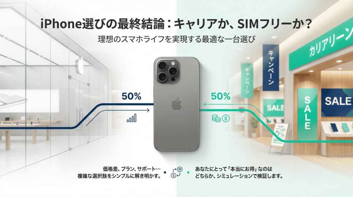 iPhoneのキャリア購入とSIMフリー購入の比較検討をテーマにしたスライドの表紙