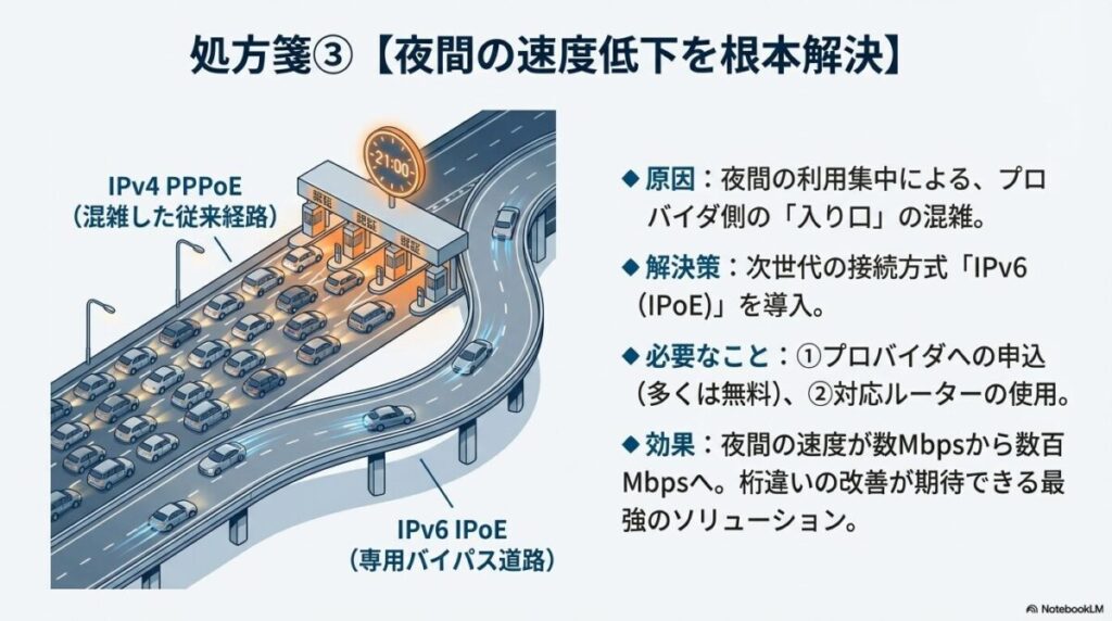 渋滞した従来経路（IPv4）を避け、専用バイパス道路（IPv6）を通ることで夜間の速度低下を防ぐ図解。