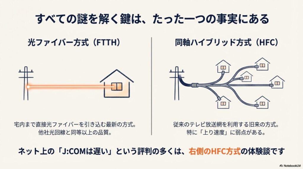 宅内まで直接引き込む最新のFTTH方式と、従来のテレビ放送網を利用するHFC方式の構成図と特徴の比較。