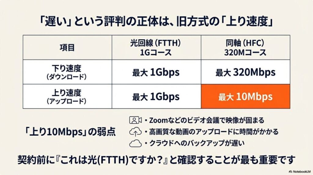 FTTH方式とHFC方式の「上り速度」の圧倒的な差（1Gbps対10Mbps）と、ビデオ会議などへの影響をまとめた表。