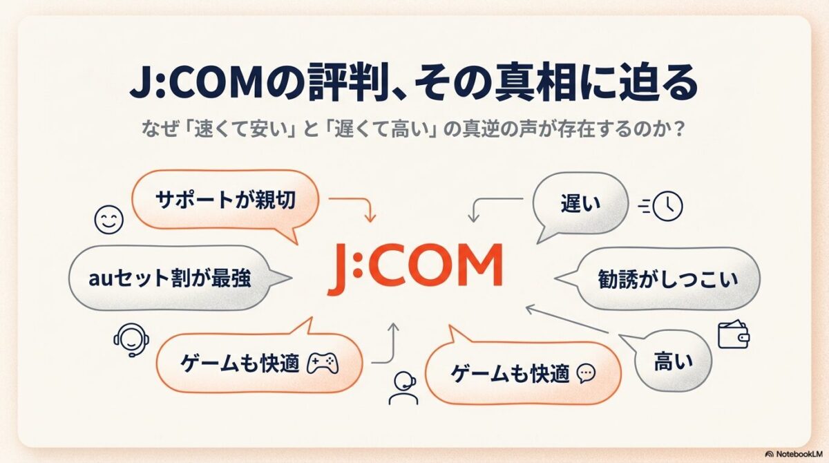 J:COM（ジェイコム）のネット評判の真相と光回線の特徴をまとめたプレゼン資料の表紙。