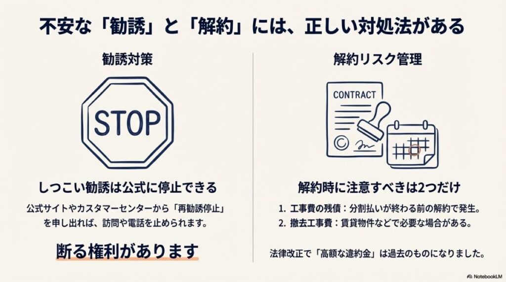 公式サイトから可能な「再勧誘停止」の申し込み方法と、解約時に確認すべき工事費残債・撤去費用の管理ポイント。