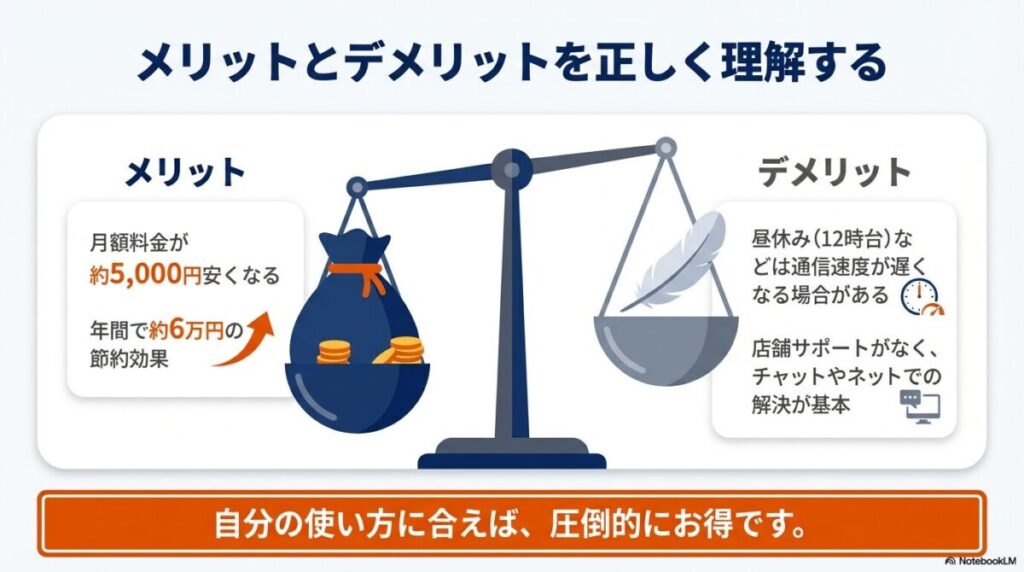 月額約5,000円安くなるメリットと、混雑時の速度低下や店舗サポートがないデメリットの天秤図。