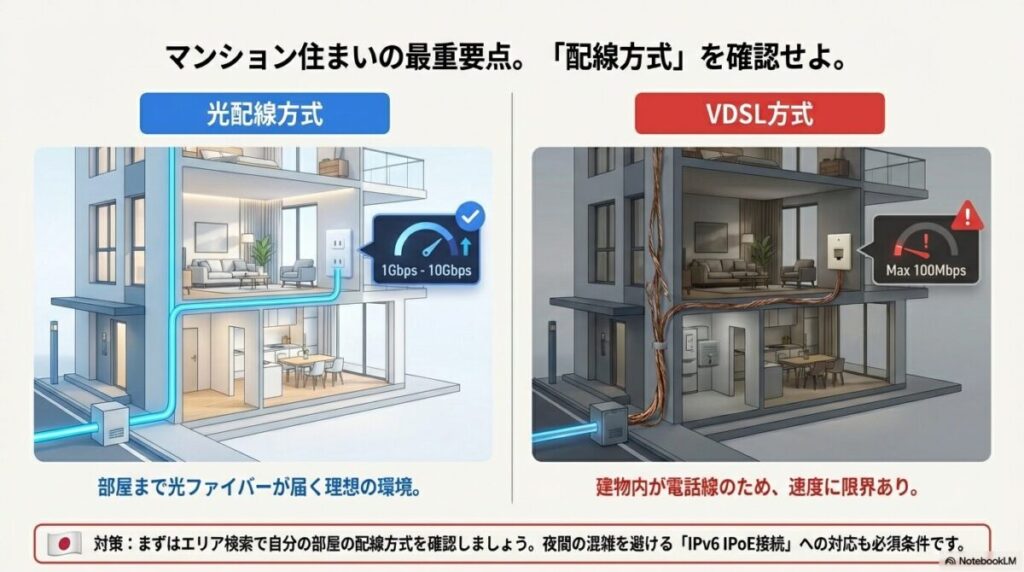 理想的な「光配線方式（1Gbps-10Gbps）」と、電話線を利用し速度制限がある「VDSL方式（最大100Mbps）」の違いを示すイラスト。