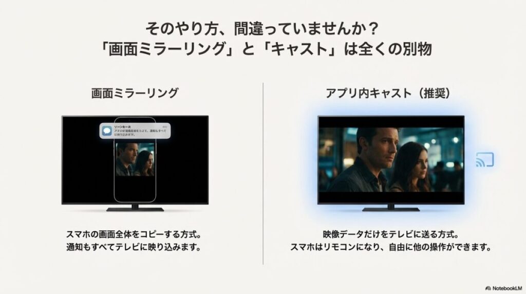 スマホ画面をそのまま映す「ミラーリング」と、映像データのみを送る推奨される「キャスト」の違いを比較した画像。通知の映り込みの有無などを解説。