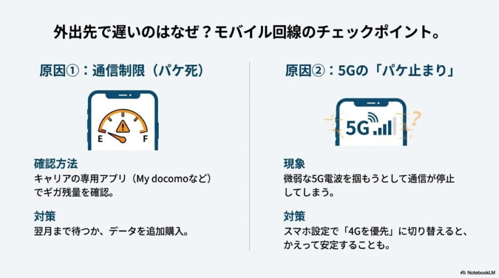 通信制限（パケ死）の確認方法と、5Gの不安定な電波を避けるための「4G優先」設定。