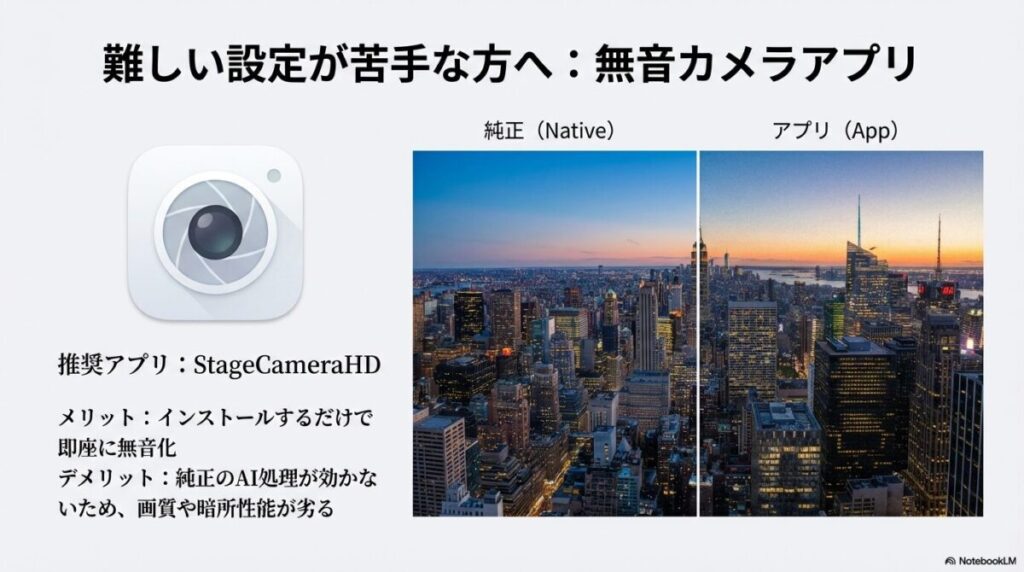 純正カメラとStageCameraHDなどの無音アプリによる、夜景撮影時の画質・AI処理の違いの比較。