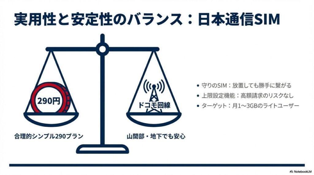 合理的シンプル290プランの月額料金とドコモ回線の安定性、上限設定機能の紹介。