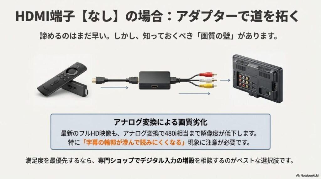 アナログ変換アダプターを使用して接続する方法を図解。アナログ変換による画質低下(字幕の滲みなど)への注意も記載されたスライド。