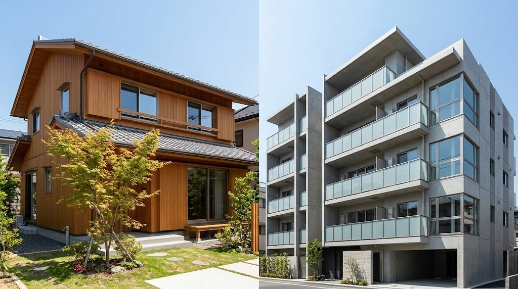 戸建て住宅とマンションの外観を左右で比較したイメージ画像