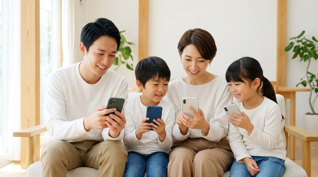 リビングで仲良くスマートフォンを操作する日本の家族のイメージ画像