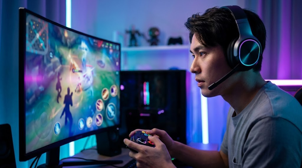 自室で快適にオンラインゲームをプレイするゲーマーのイメージ画像